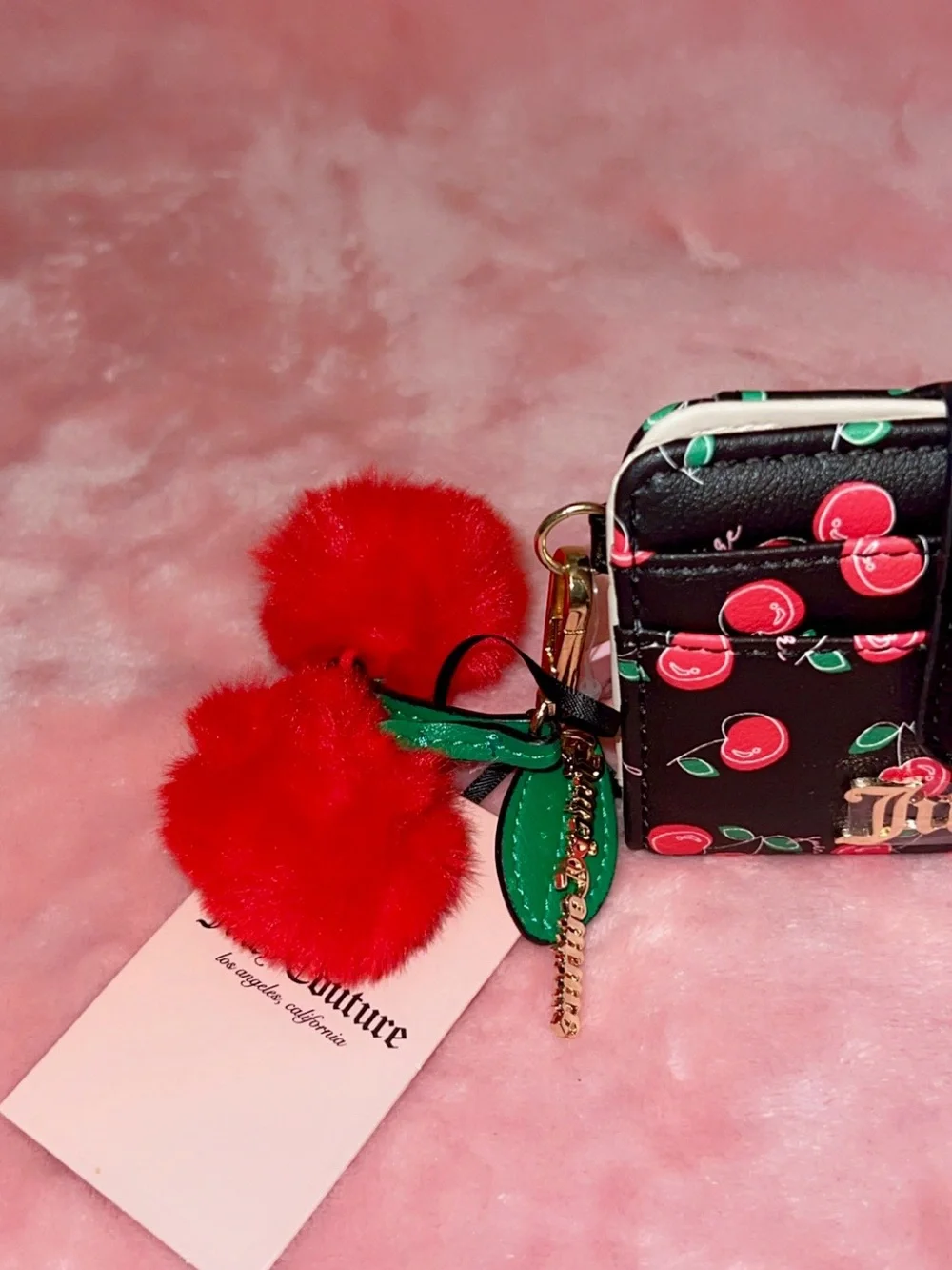Juicy Couture Black with Red Cherry Print Cardholder with Red Cherry Pom Charm